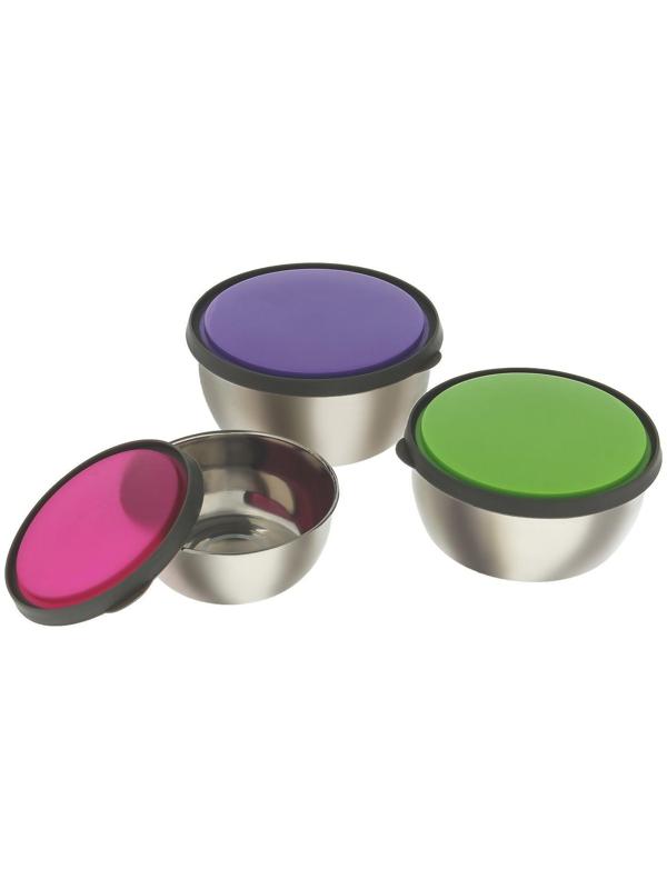 Набор салатников из нержавеющей стали с крышками «Яркая сталь», 3 шт: d=12 см, d=14 см, d=16 см, 800 мл, 600 мл, 400 мл, цвет МИКС