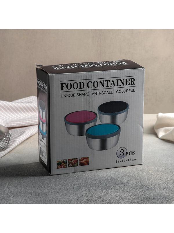 Набор салатников из нержавеющей стали с крышками «Яркая сталь», 3 шт: d=12 см, d=14 см, d=16 см, 800 мл, 600 мл, 400 мл, цвет МИКС