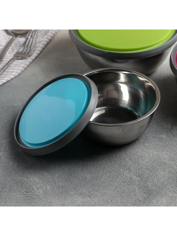 Набор салатников из нержавеющей стали с крышками «Яркая сталь», 3 шт: d=12 см, d=14 см, d=16 см, 800 мл, 600 мл, 400 мл, цвет МИКС