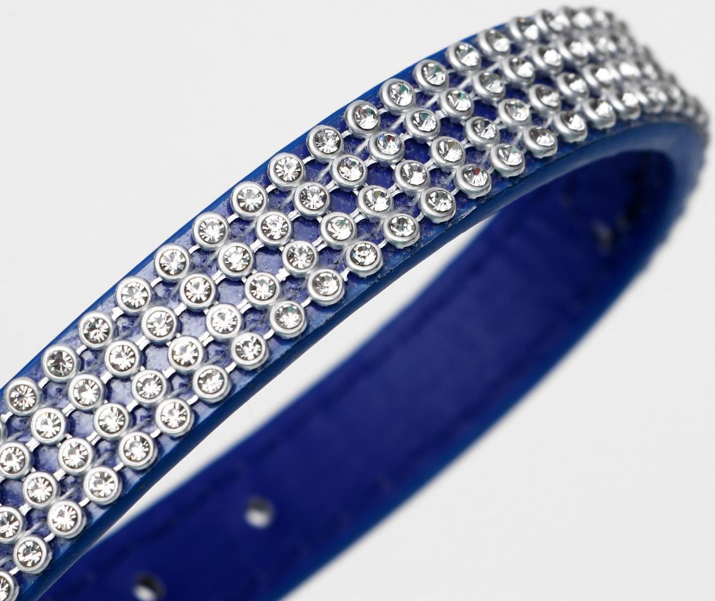 Ошейник со стразами в 4 ряда и стразы на пряжке,38 х 1,5 см, ОШ 26-33, синий