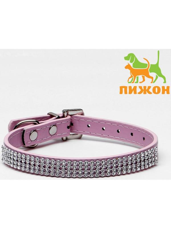 Ошейник со стразами в 4 ряда и стразы на пряжке,38 х 1,5 см, ОШ 26-33, розовый