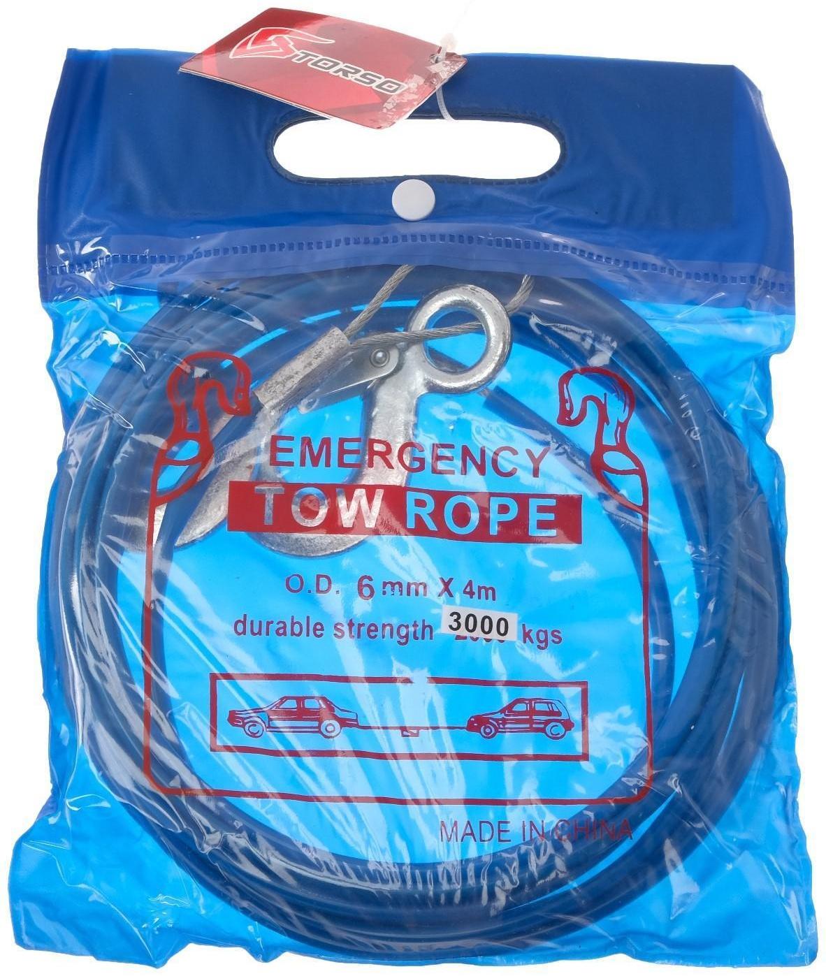 Трос буксировочный TORSO, металлический в ПВХ оплётке, 4м, 3 тонны, 2 крюка