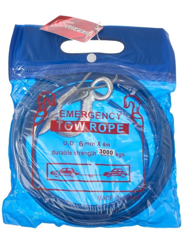 Трос буксировочный TORSO, металлический в ПВХ оплётке, 4м, 3 тонны, 2 крюка