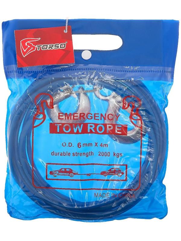 Трос буксировочный TORSO металлический в ПВХ оплётке, 4м, 2 тонны, 2 крюка