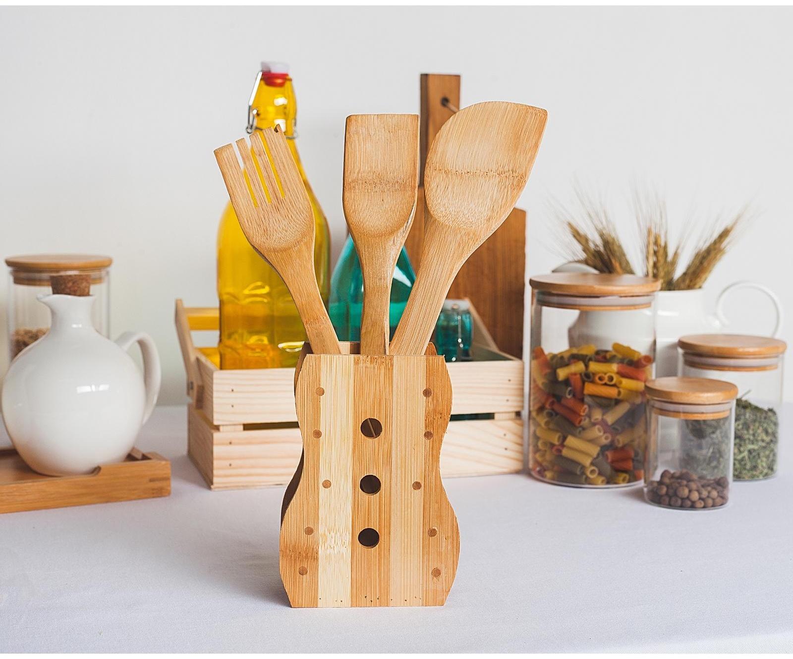 Набор кухонных принадлежностей «Бамбук», 4 предмета, на подставке