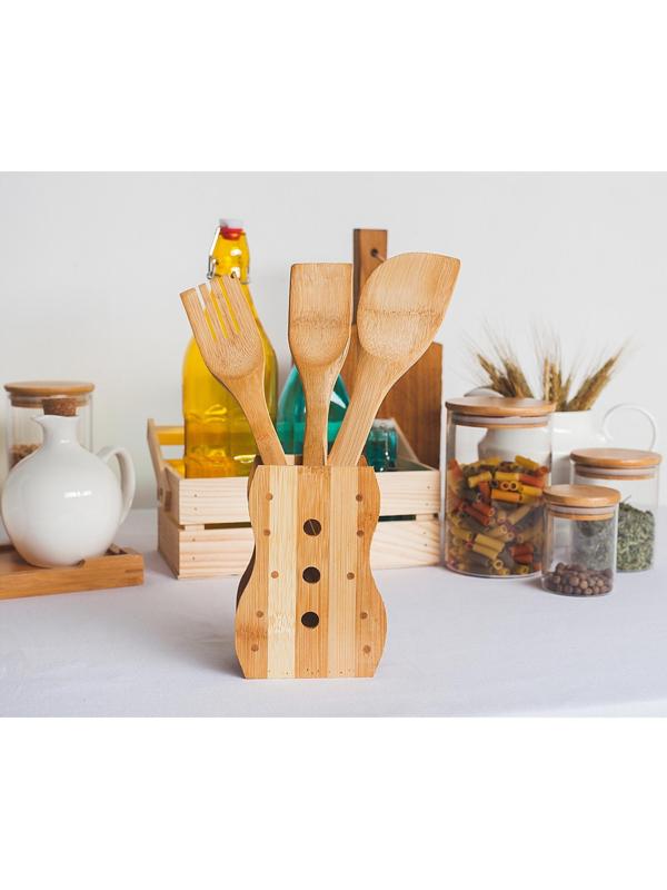 Набор кухонных принадлежностей «Бамбук», 4 предмета, на подставке