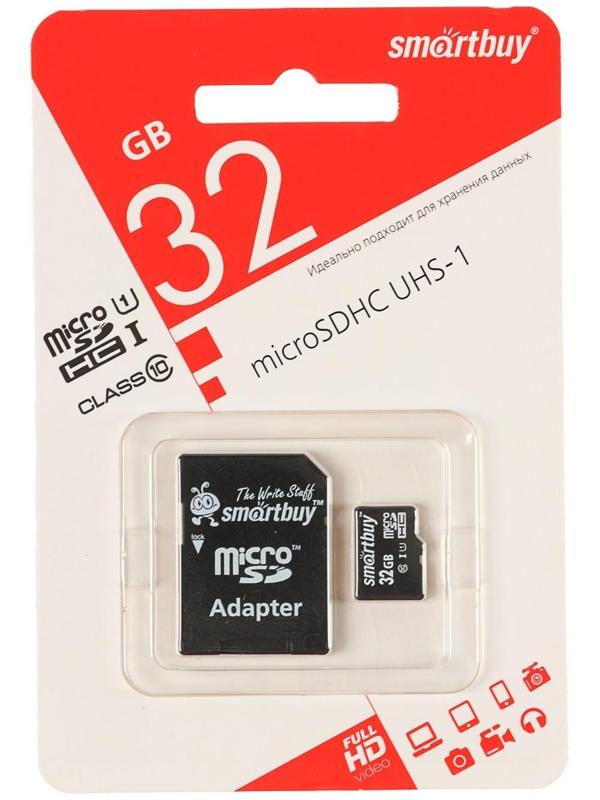 Карта памяти Smartbuy microSD, 32 Гб, SDHC, UHS-I, класс 10, с адаптером SD
