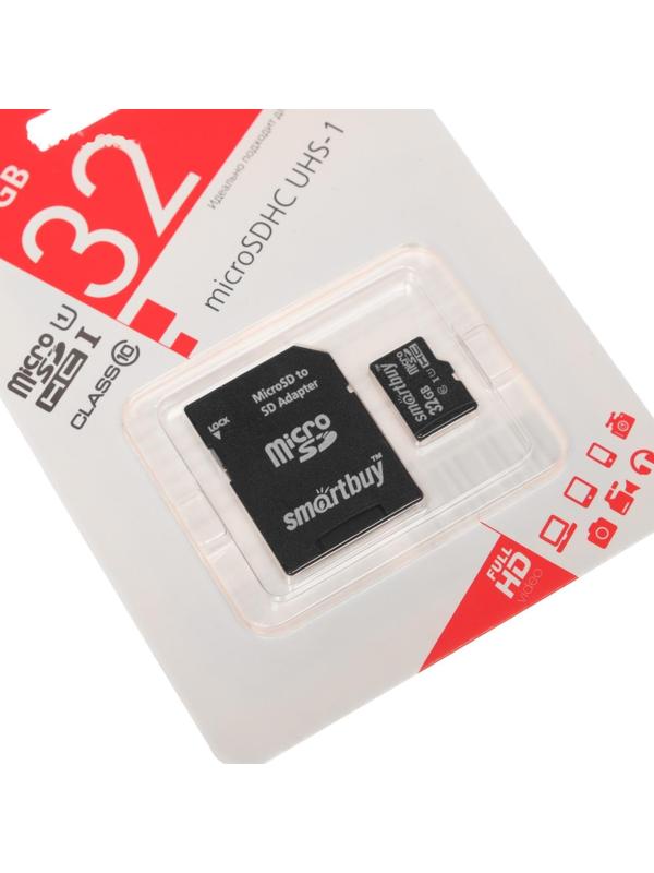 Карта памяти Smartbuy microSD, 32 Гб, SDHC, UHS-I, класс 10, с адаптером SD
