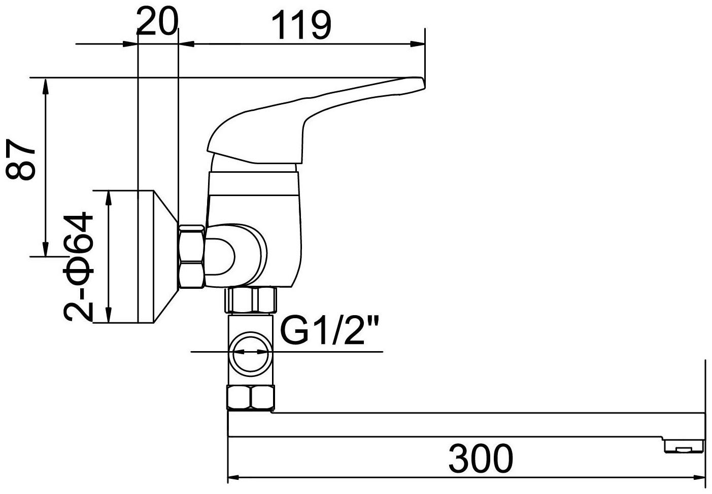 Cмеситель для ванны Accoona A7060, однорычажный, излив 300 мм, с душевым набором, хром