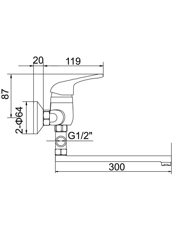 Cмеситель для ванны Accoona A7060, однорычажный, излив 300 мм, с душевым набором, хром