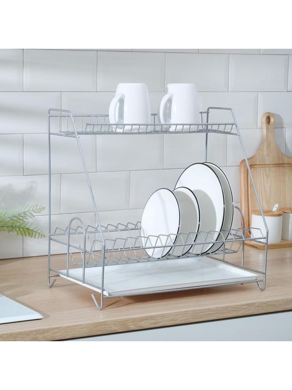 Сушилка для посуды с поддоном 2-х ярусная, 24×40×38 см, хром