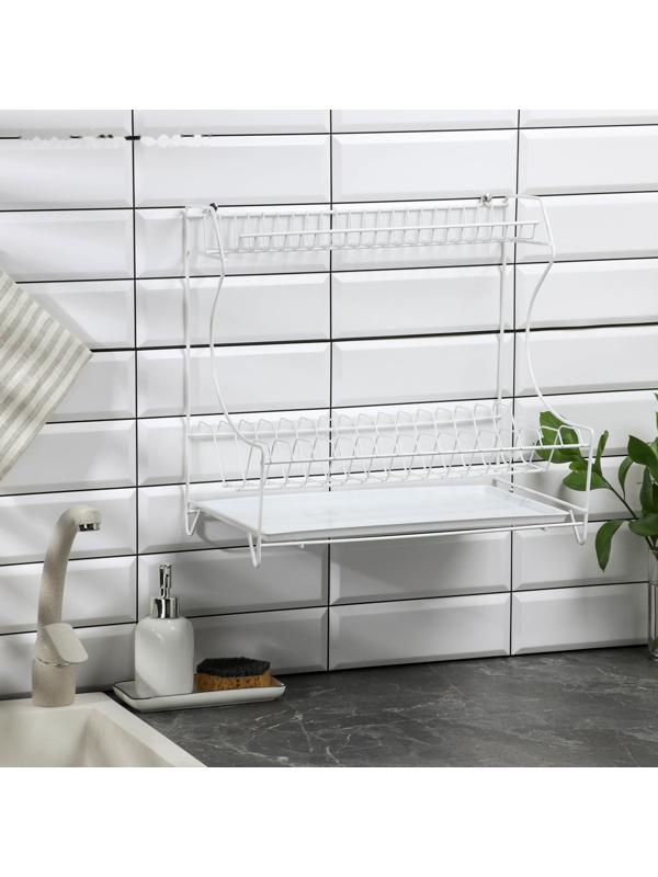 Сушилка для посуды с поддоном 2-х ярусная, настольно-настенная, 39,5×25×38 см, цвет белый