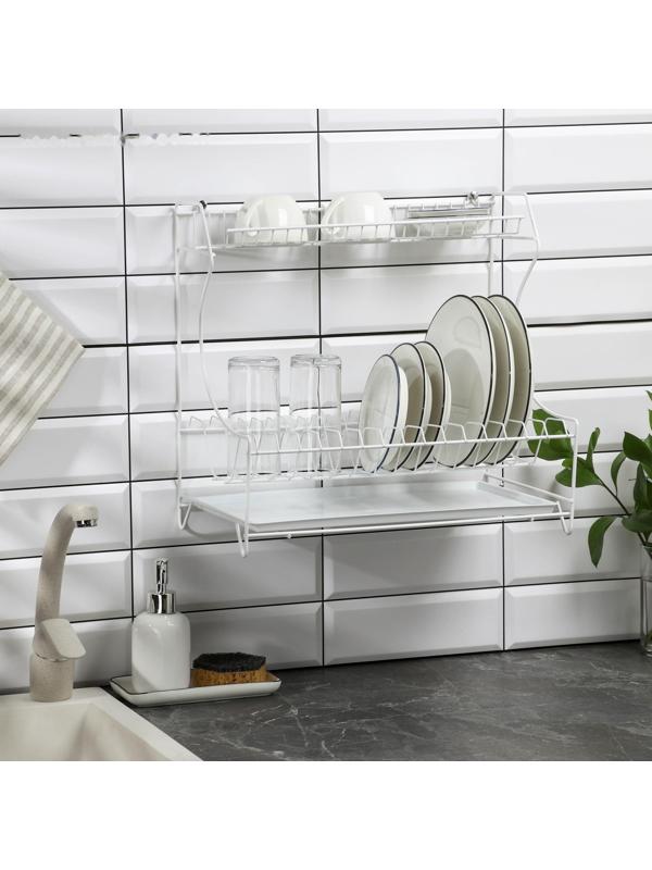 Сушилка для посуды с поддоном 2-х ярусная, настольно-настенная, 39,5×25×38 см, цвет белый