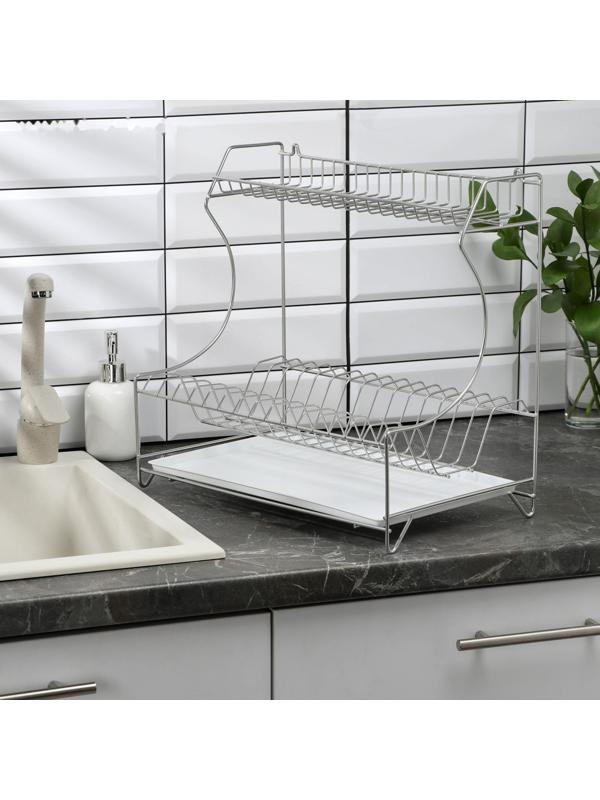 Сушилка для посуды с поддоном 2-х ярусная, настольно-настенная, 39,5×25×38 см, цвет хром