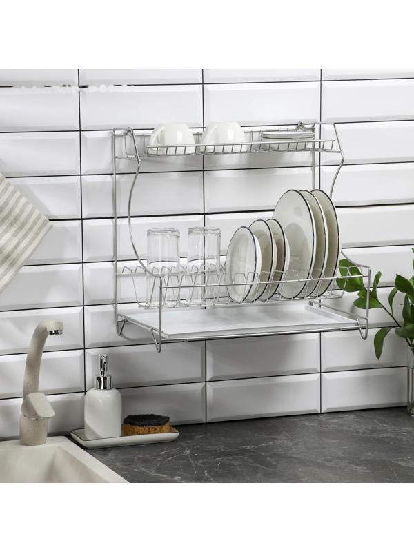 Сушилка для посуды с поддоном 2-х ярусная, настольно-настенная, 39,5×25×38 см, цвет хром