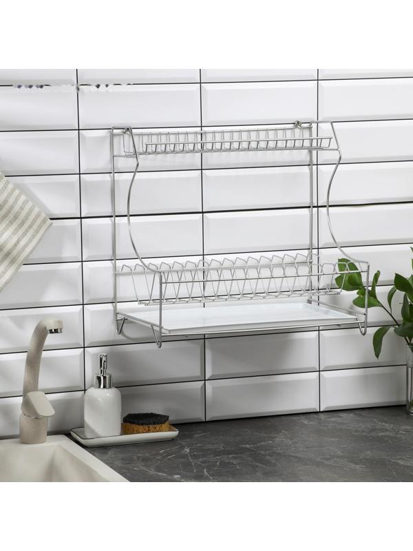 Сушилка для посуды с поддоном 2-х ярусная, настольно-настенная, 39,5×25×38 см, цвет хром