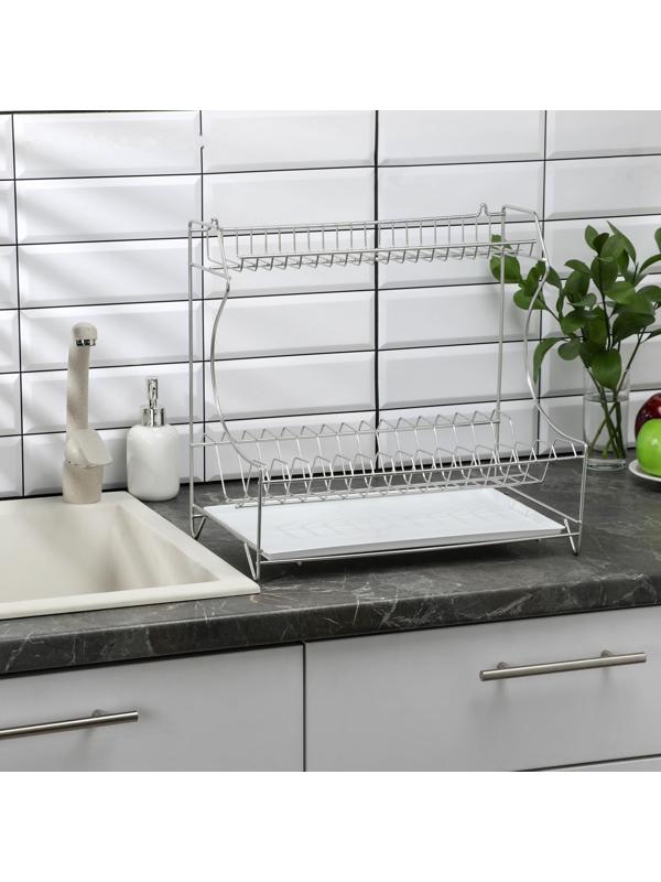 Сушилка для посуды с поддоном 2-х ярусная, настольно-настенная, 39,5×25×38 см, цвет хром