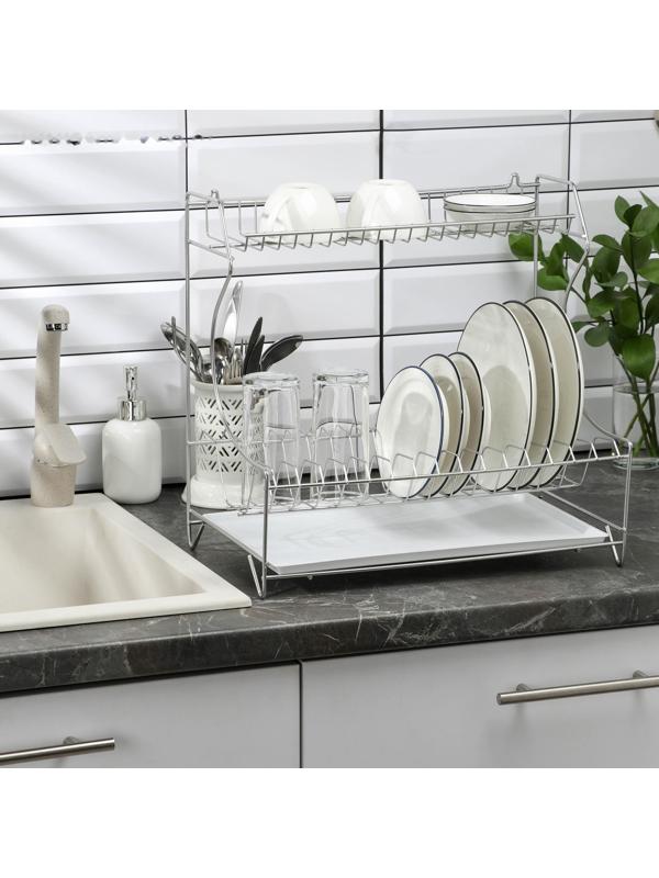 Сушилка для посуды с поддоном 2-х ярусная, настольно-настенная, 39,5×25×38 см, цвет хром
