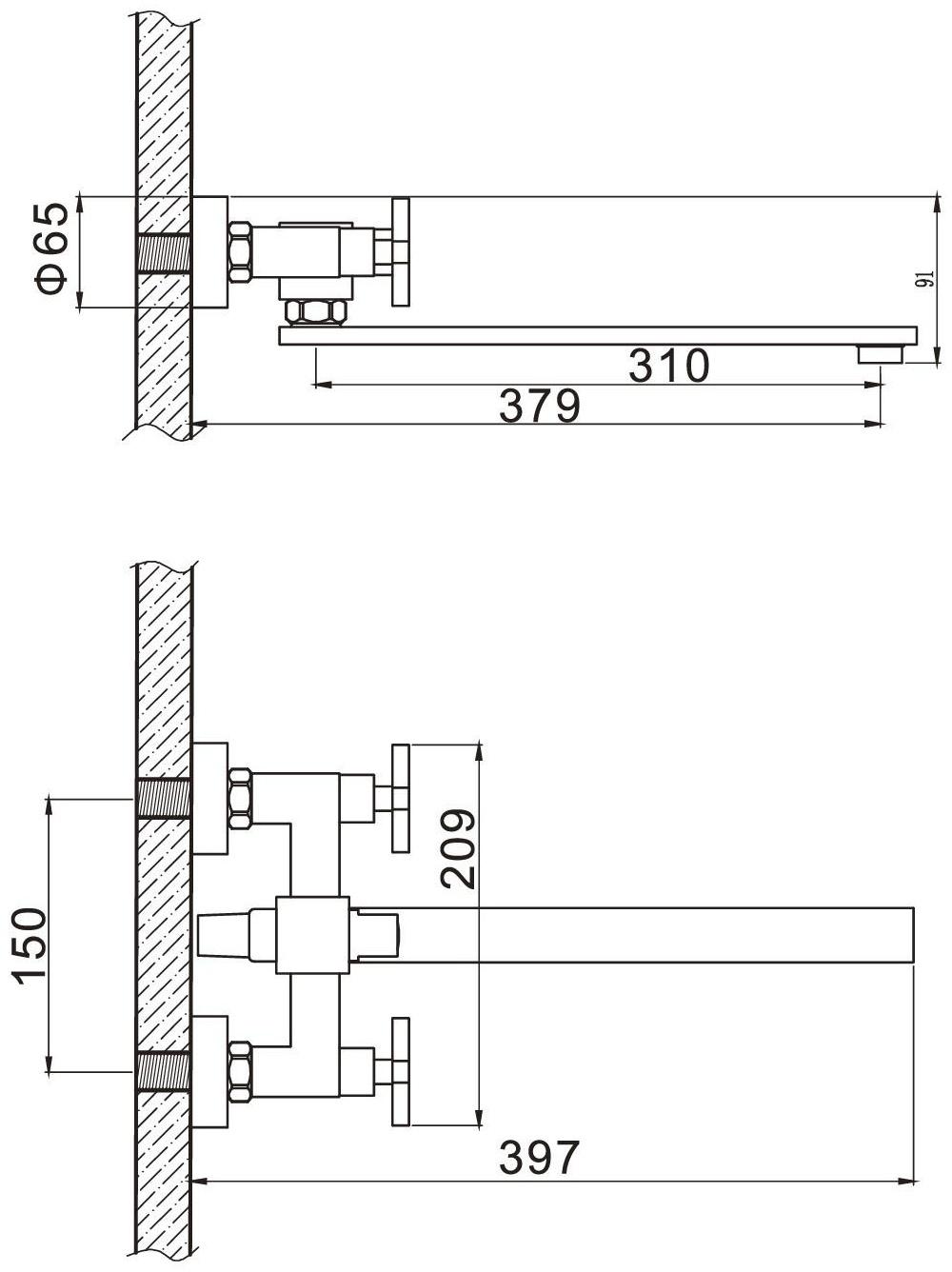 Смеситель для ванны Accoona A7175, двухрычажный, дивертор в корпусе, с душевым набором
