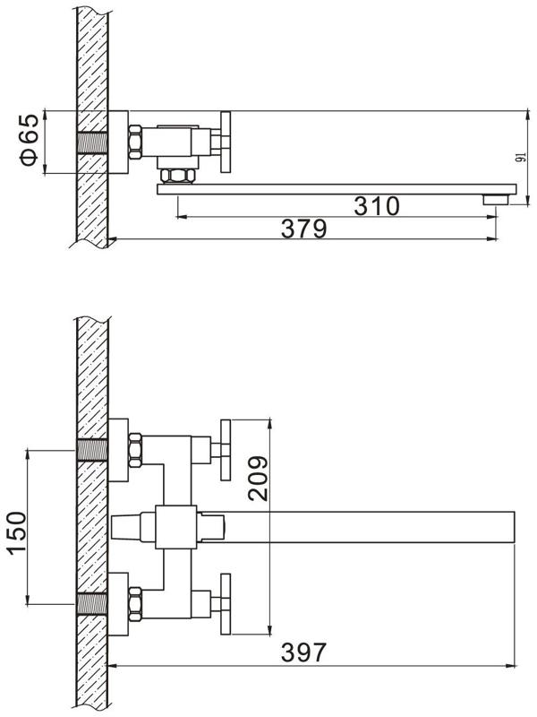 Смеситель для ванны Accoona A7175, двухрычажный, дивертор в корпусе, с душевым набором