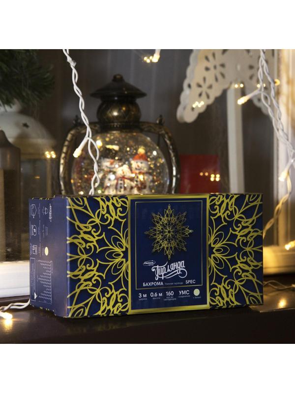 Гирлянда «Бахрома» 3 × 0.6 м, IP44, УМС, белая нить, 160 LED, свечение тёплое белое, 220 В