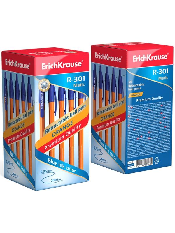 Ручка шариковая ErichKrause R-301 Matic Orange, узел 0.7 мм, автоматическая, стержень синий
