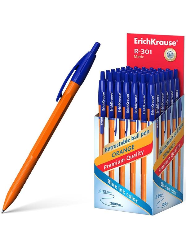 Ручка шариковая ErichKrause R-301 Matic Orange, узел 0.7 мм, автоматическая, стержень синий