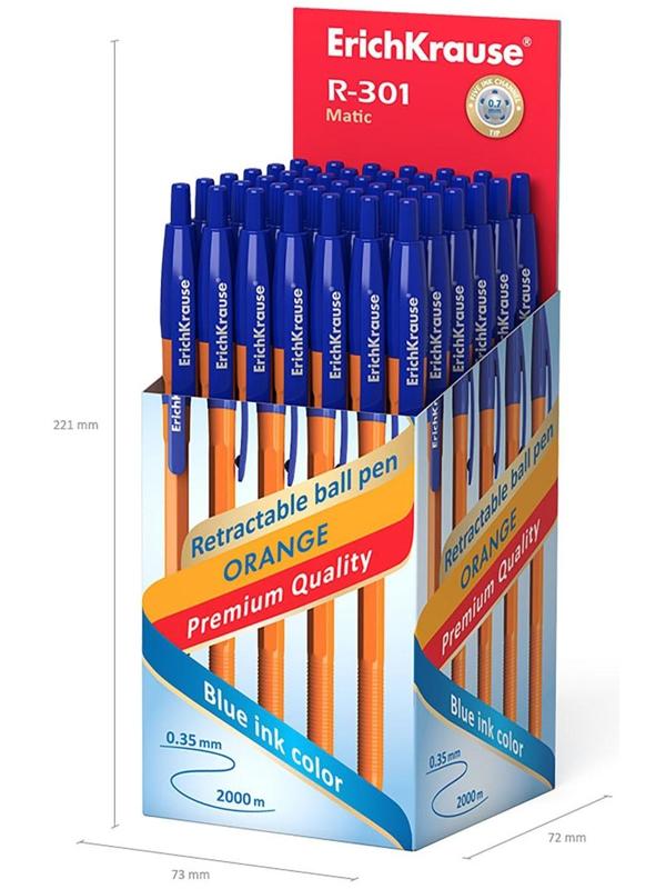 Ручка шариковая ErichKrause R-301 Matic Orange, узел 0.7 мм, автоматическая, стержень синий