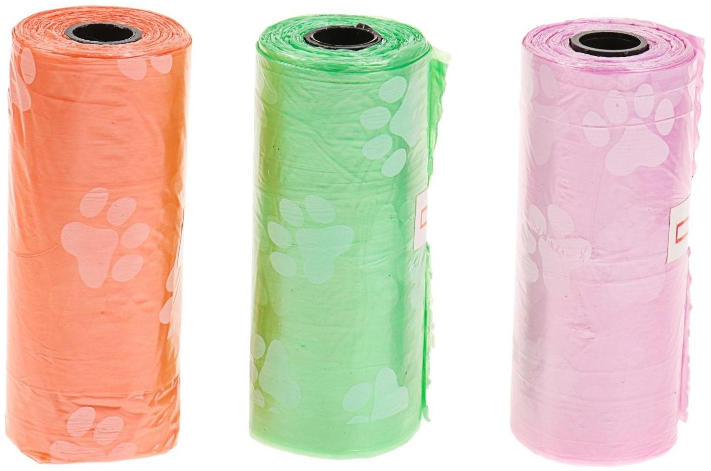 Пакеты для уборки за собаками с узором (3 рулона по 15 пакетов), 29 х 21 см, микс цветов