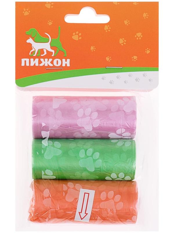 Пакеты для уборки за собаками с узором (3 рулона по 15 пакетов), 29 х 21 см, микс цветов