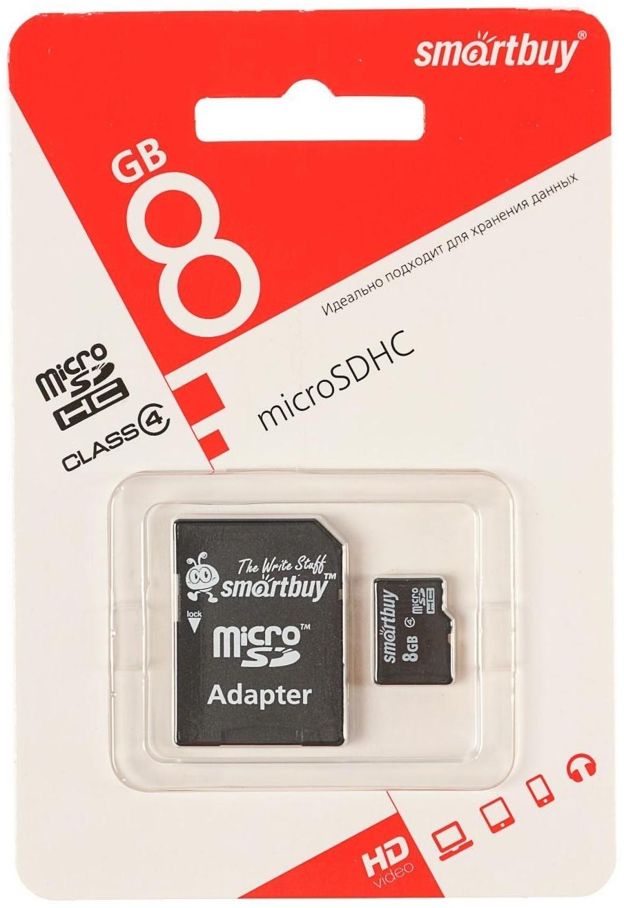 Карта памяти Smartbuy microSD, 8 Гб, SDHC, класс 4, с адаптером SD