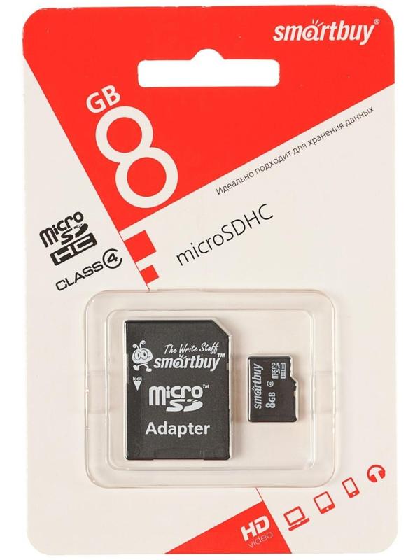 Карта памяти Smartbuy microSD, 8 Гб, SDHC, класс 4, с адаптером SD