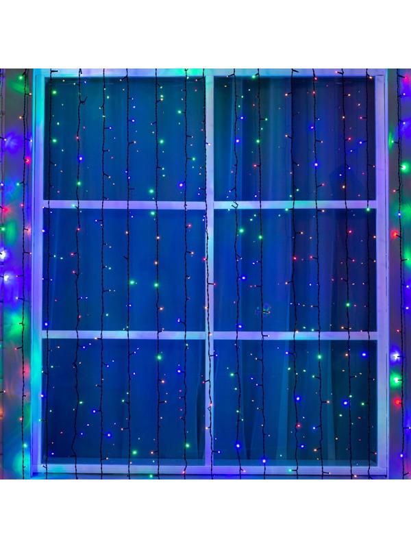 Гирлянда «Занавес» 2 × 6 м, IP44, УМС, тёмная нить, 1440 LED, свечение мульти, 220 В