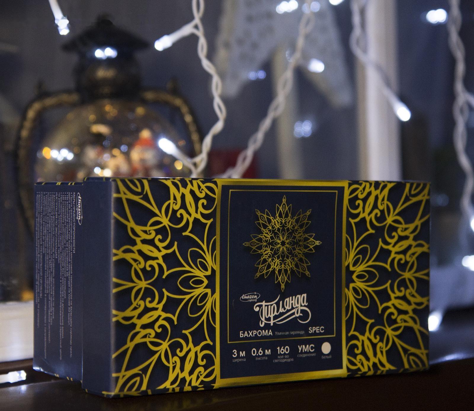 Гирлянда «Бахрома» 3 × 0.6 м, IP44, УМС, белая нить, 160 LED, свечение белое, 220 В