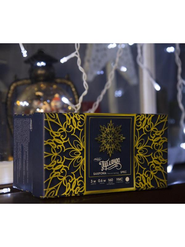 Гирлянда «Бахрома» 3 × 0.6 м, IP44, УМС, белая нить, 160 LED, свечение белое, 220 В