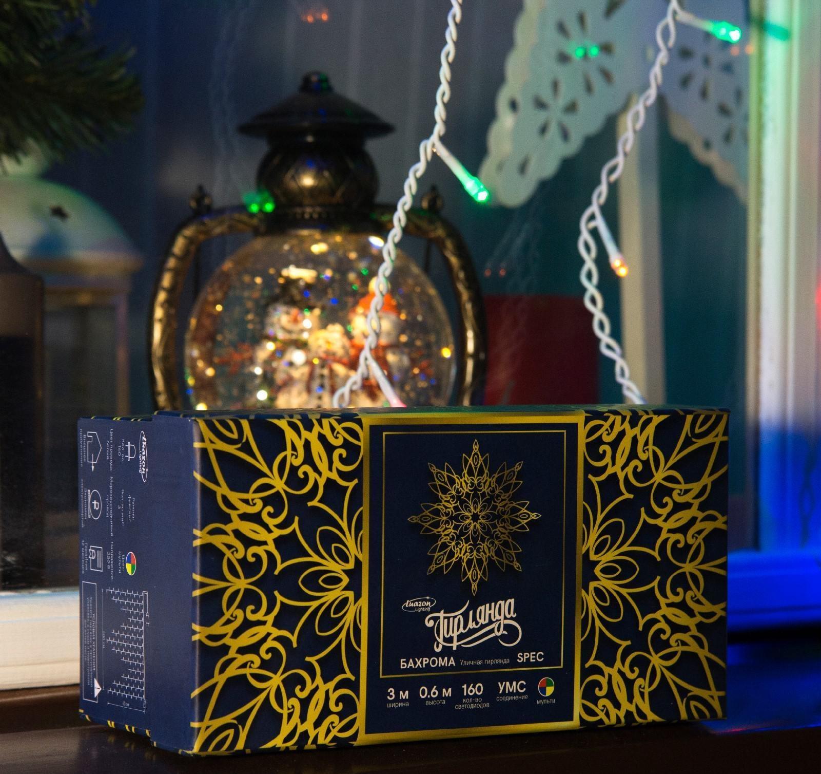 Гирлянда «Бахрома» 3 × 0.6 м, IP44, УМС, белая нить, 160 LED, свечение мульти, 220 В