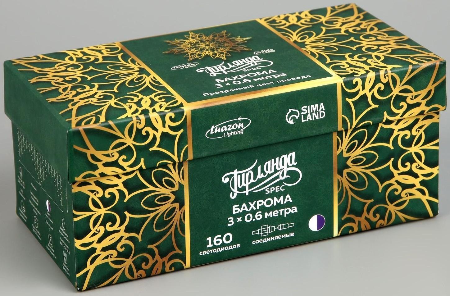 Гирлянда «Бахрома» 3 × 0.6 м, IP44, УМС, прозрачная нить, 160 LED, свечение бело-синее, мигание, 220 В