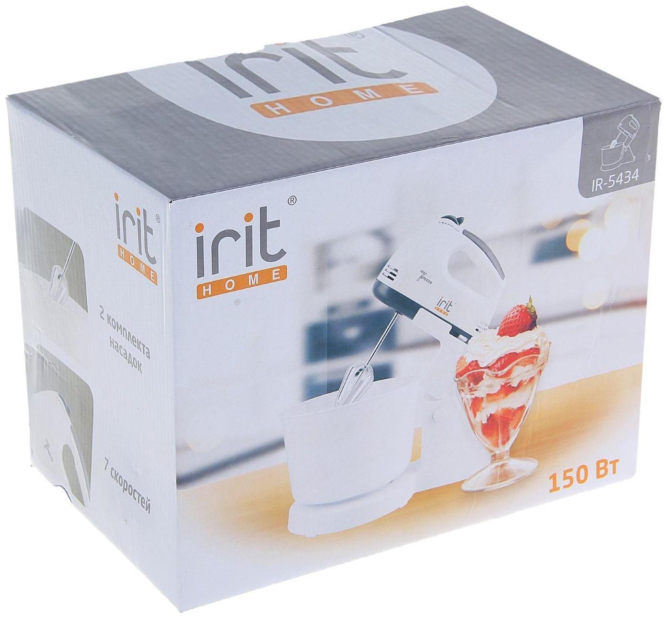 Миксер Irit IR-5434, стационарный, 150 Вт, 2 л, 7 скоростей, 2 насадки, белый
