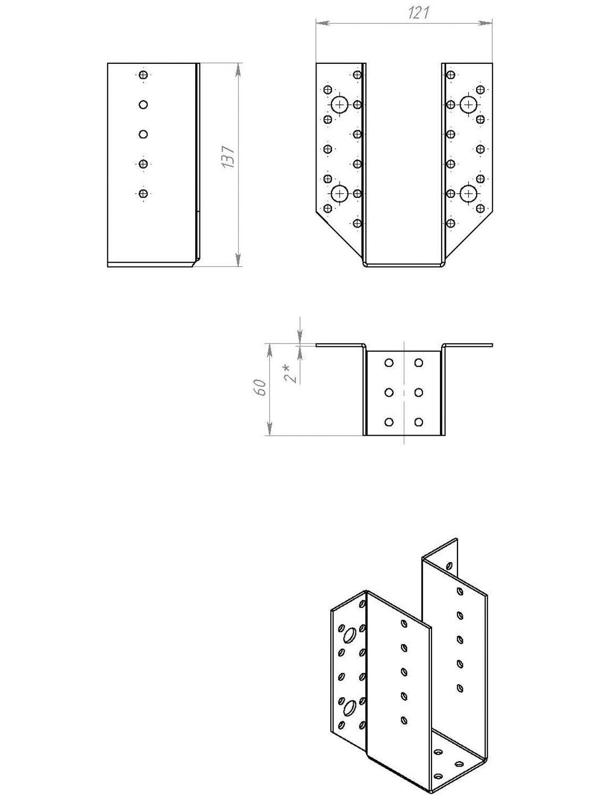 Опора бруса, раскрытая, 140х76х50х2 мм, цинк, в упаковке 16 шт.