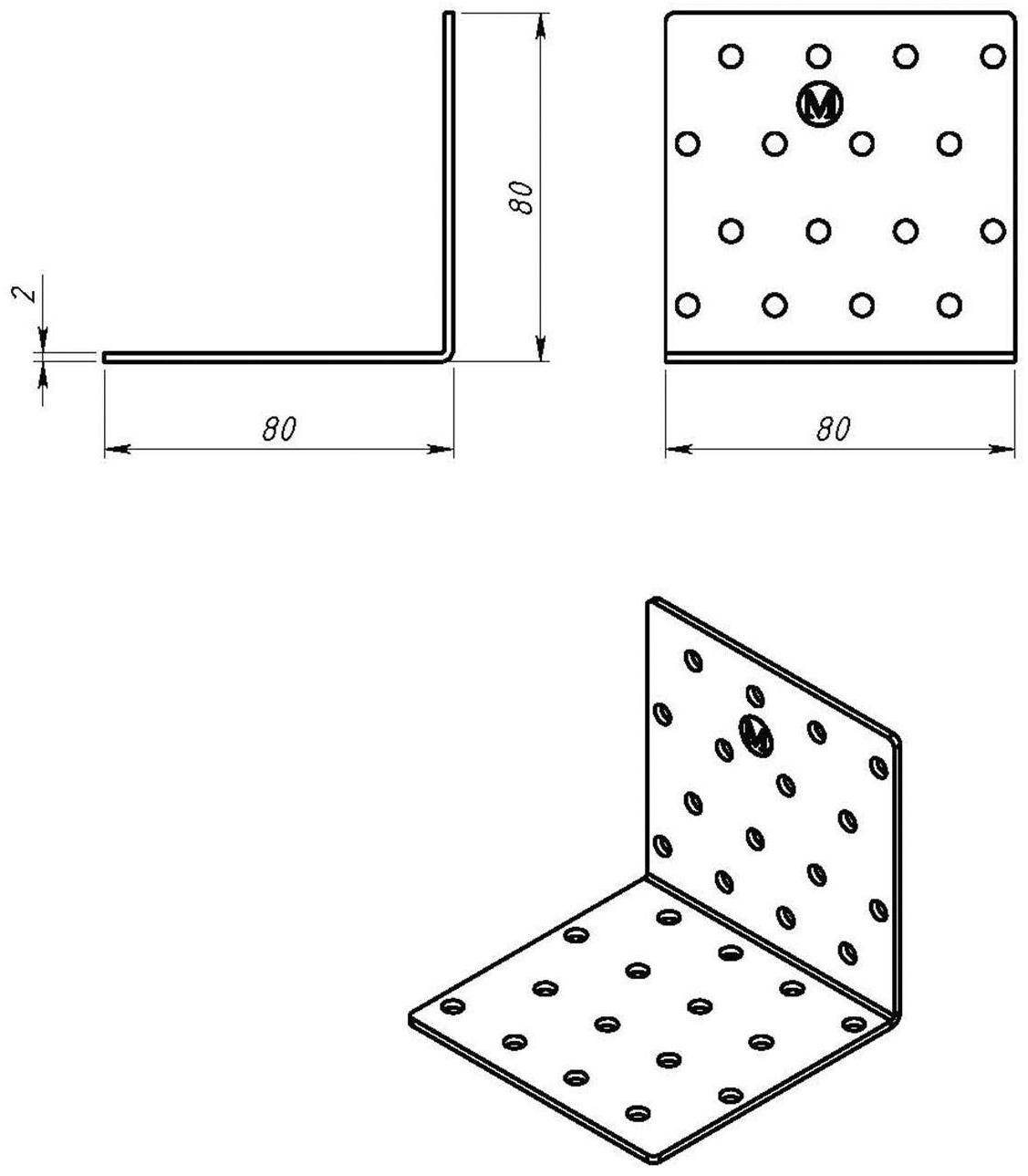 Уголок крепёжный, 80х80х80х2 мм, цинк, в упаковке 25 шт.
