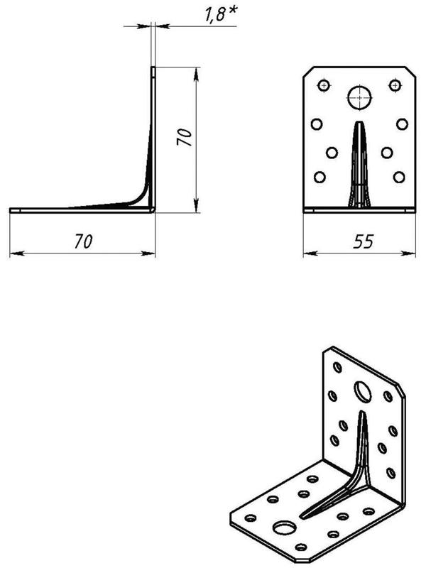 Уголок крепёжный усиленный 70х70х55х2 мм, оцинкованный , в упаковке 40 шт