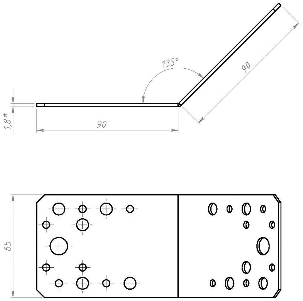 Уголок крепёжный 135 х 90 х 90 х 65 х 2 мм, ГОЦ