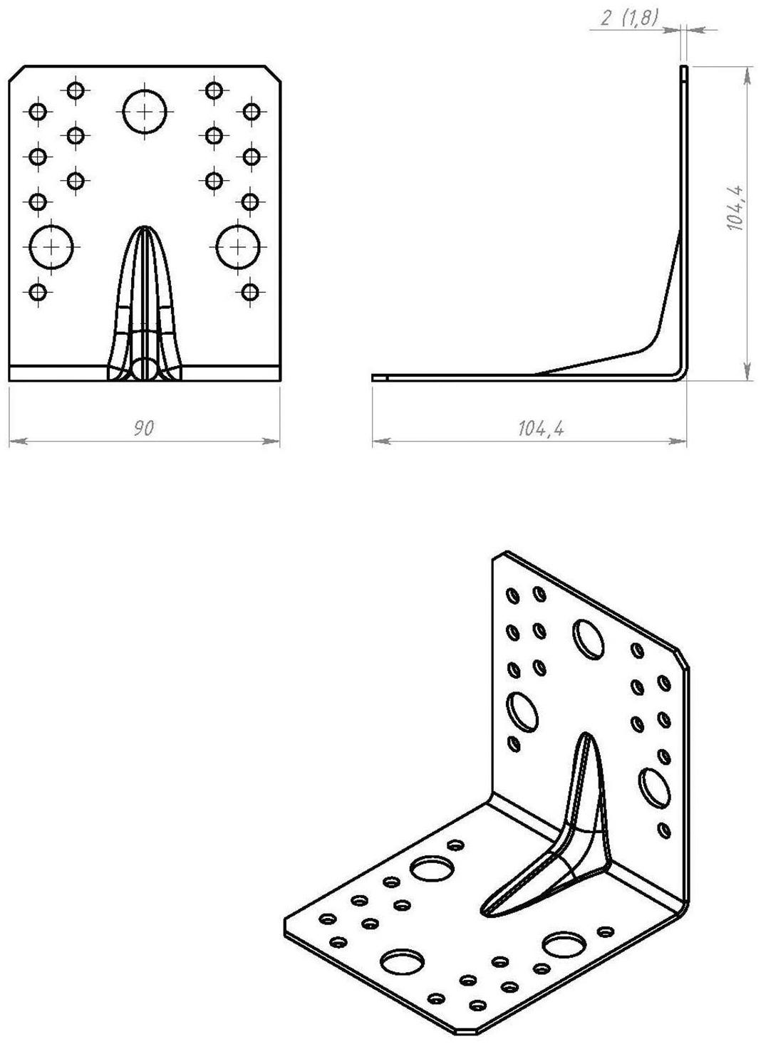 Уголок крепёжный усиленный 105 х 105 х 90 х 2 мм, ГОЦ, крупная фасовка