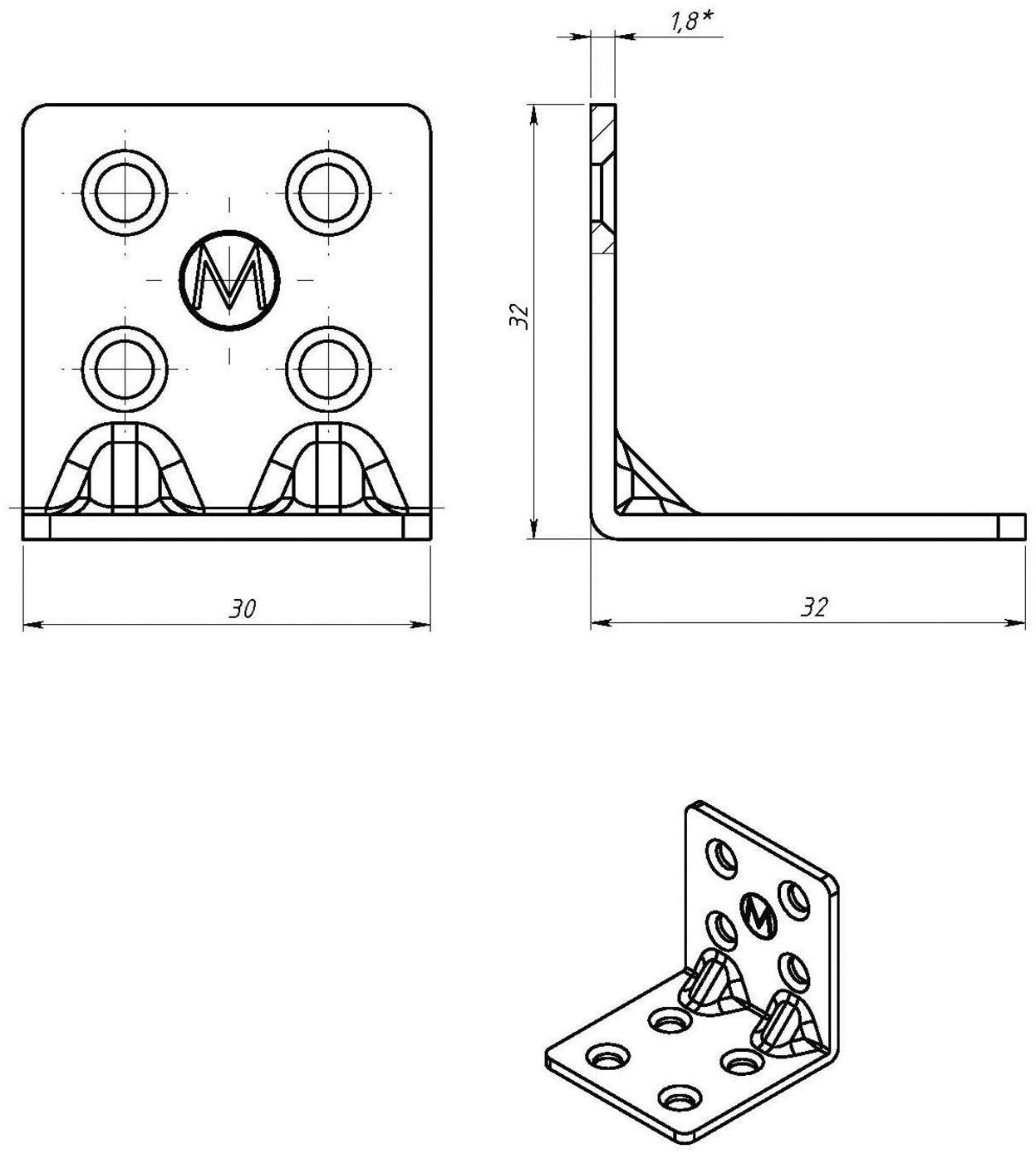 Уголок крепёжный усиленный 32 х 32 х 30 х 1.8 мм, оцинкованный