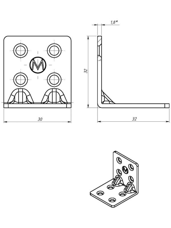 Уголок крепёжный усиленный 32 х 32 х 30 х 1.8 мм, оцинкованный