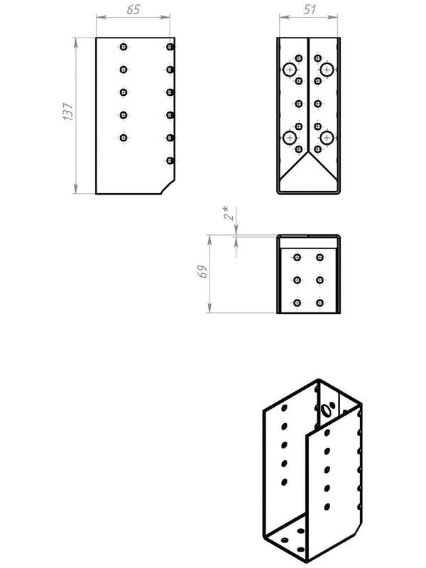 Опора бруса, оцинкованная, 140х76х50х2 мм, закрытая, 24 шт.