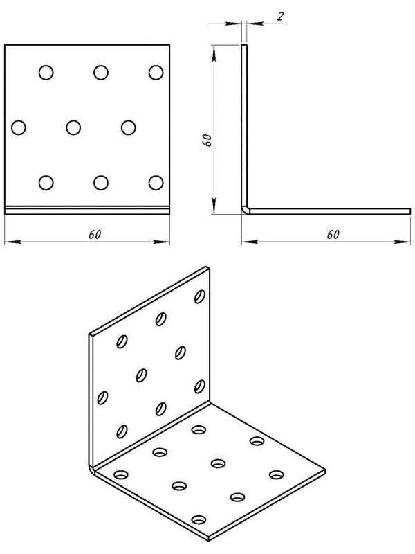 Уголок крепёжный 60 х 60 х 60 х 2 мм, оцинкованный