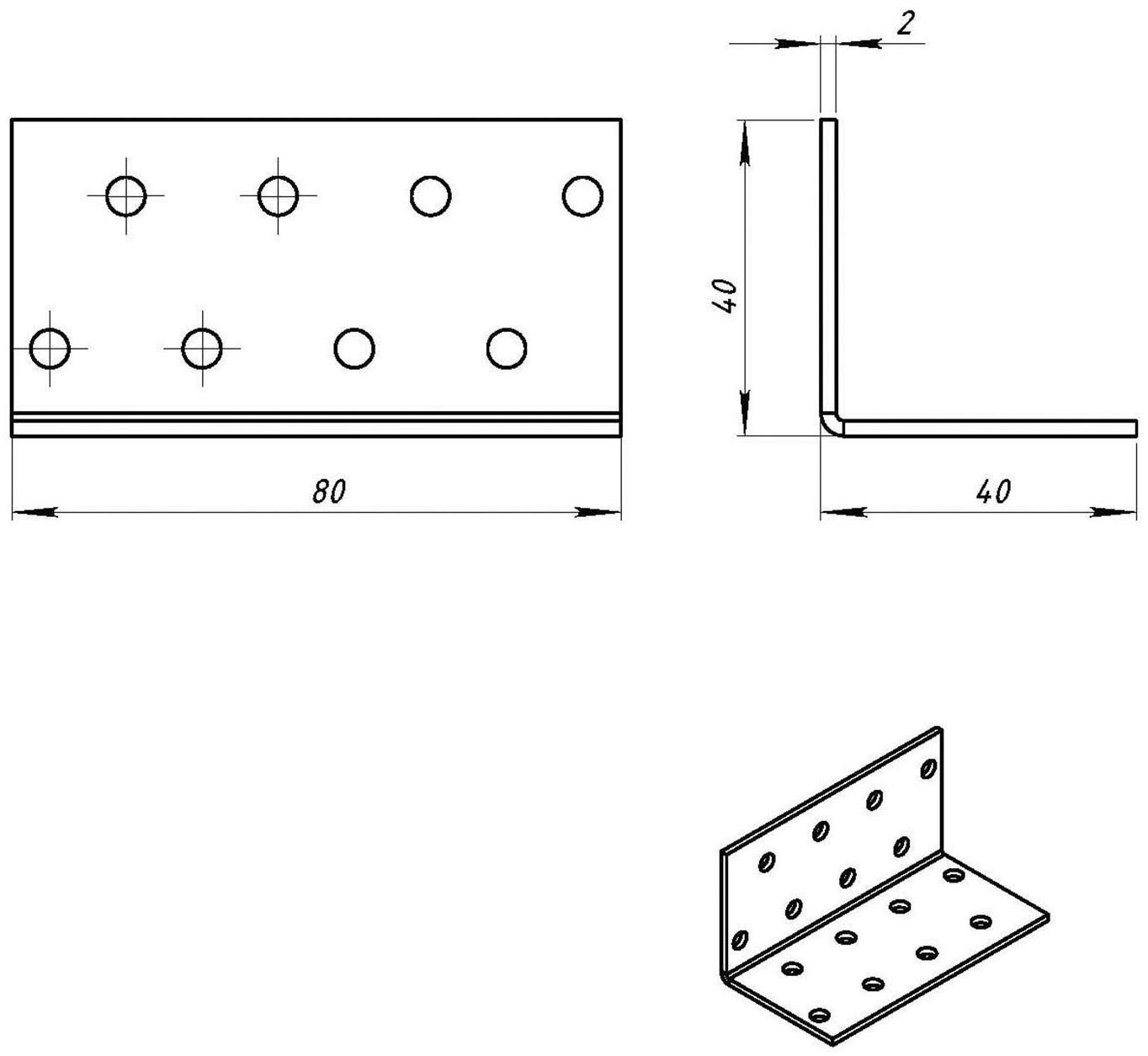 Уголок крепёжный 40 х 40 х 80 х 2 мм, оцинкованный
