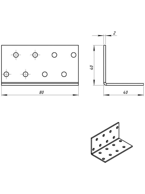 Уголок крепёжный 40 х 40 х 80 х 2 мм, оцинкованный