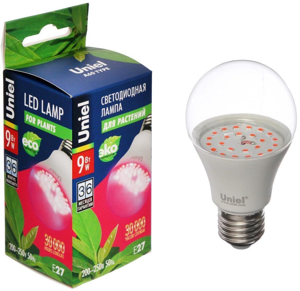 Фитолампа светодиодная Uniel, А60, Е27, 9 Вт, 250 В, 220°, мультиспектральная